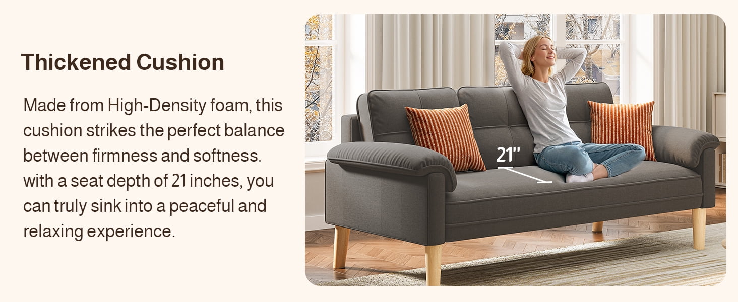 Aiho 69" Sofa Couch for Living Room | 3-Seater with Padded Arms, Solid Wood Legs, Easy Setup |Dark Gray