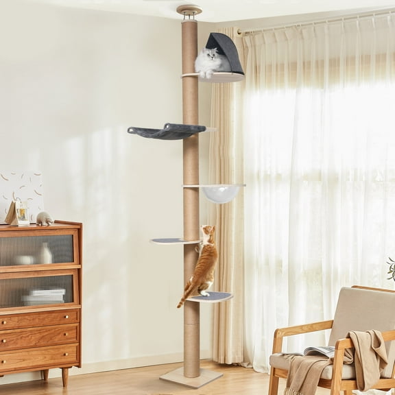 FUKUMARU Floor to Ceiling Cat Tower, 6-Level Adjustable Climbing Cat Tree with Hammock