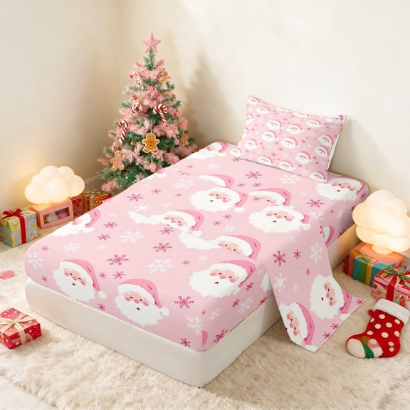 Manfei Santa Twin Sheets Holiday Bedding 3pcs (1 Flat Sheet, 1 Fitted Sheet and 1 Pillowcase)