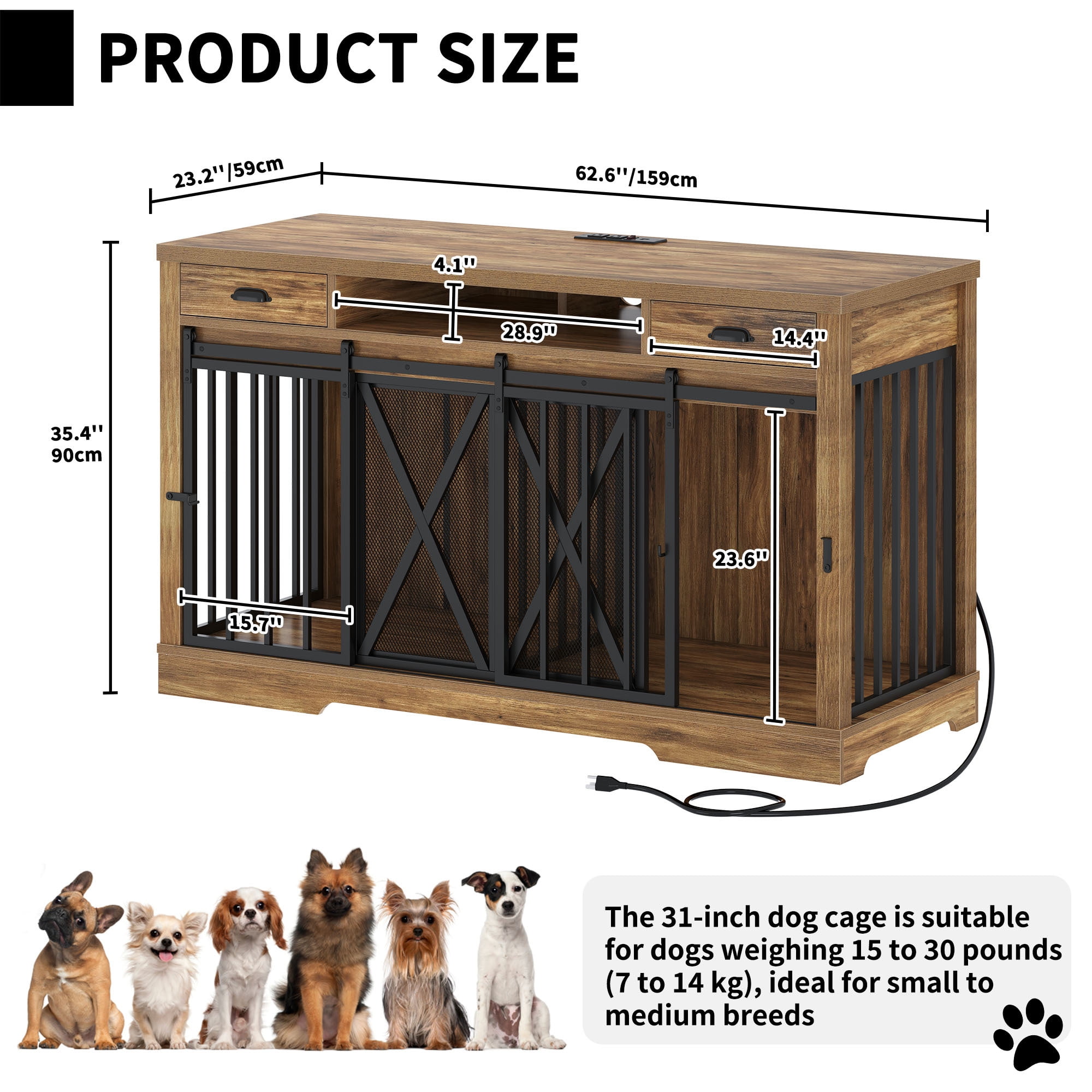 Uforic 63-Inch Dog Crate Furniture,TV Stand with Charging Station,Dog Kennel with Double Sliding Barn Door - Oak