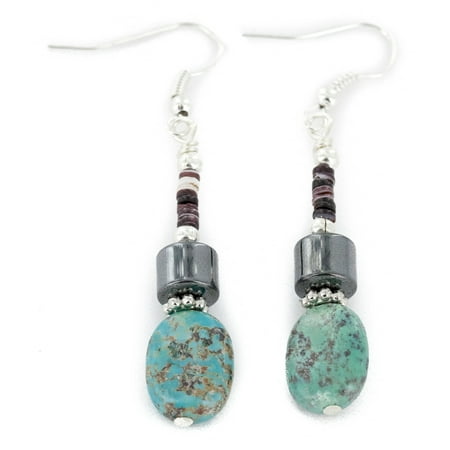 Navajo Turquoise Post - 120 Retail Tag Authentic Made by Charlene Little Navajo .925 Sterling Silver Hooks Dangle Natural Turquoise Hematite Native American Earrings