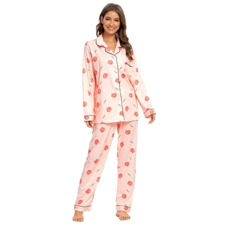 

MintLimit Women s Cartoon Long Sleeve V-neck Button Down Shirt and Pants Sleepwear Pyjamas Lounge Set