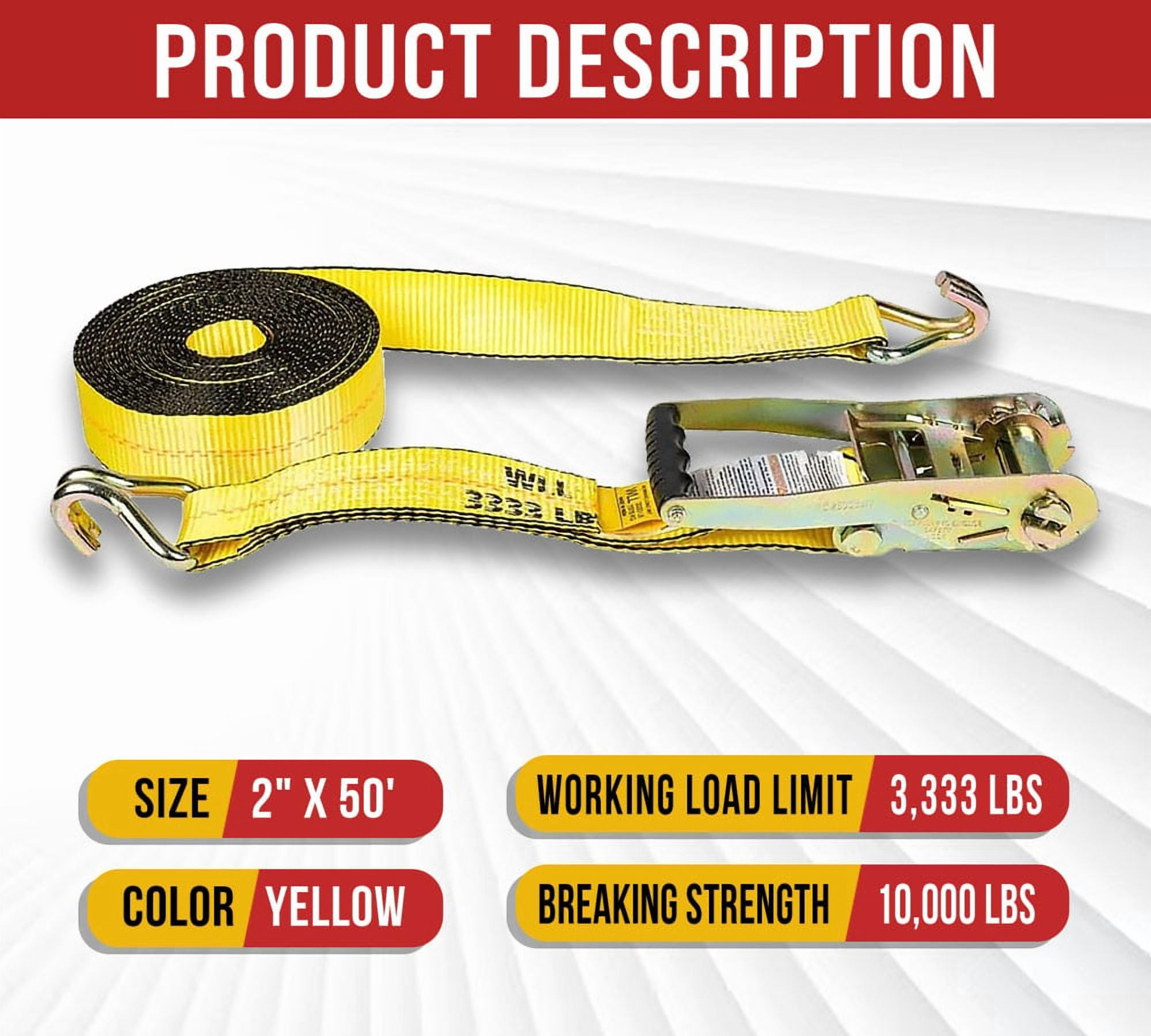 2 Pack 2 Inch x 50 FT Heavy Duty Ratchet Straps with Double J Hooks | 10,000 lbs. Breaking Strength Yellow Tie Down Straps w/Wire Hooks for Industrial Use, Trailers, Truck & Cargo.