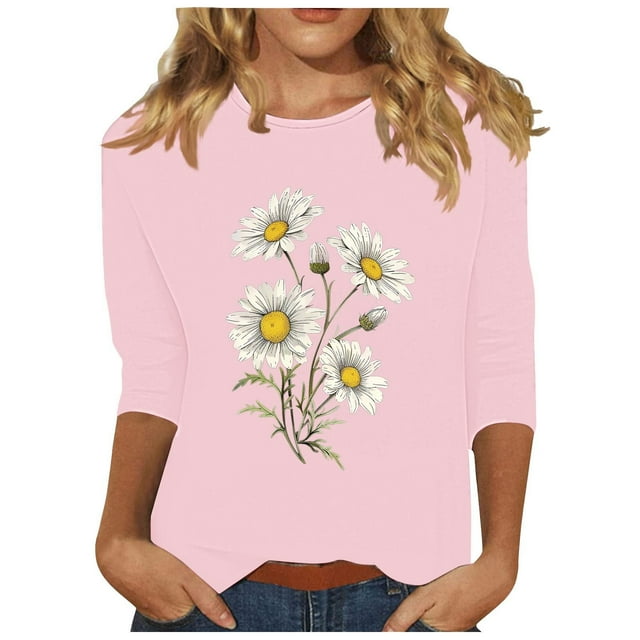 Tnhcen Chemises à Manches 3/4 pour Femmes avec Imprimé Floral d'Automne et Col Rond - Basiques Décontractés Grande Taille P-3TG
