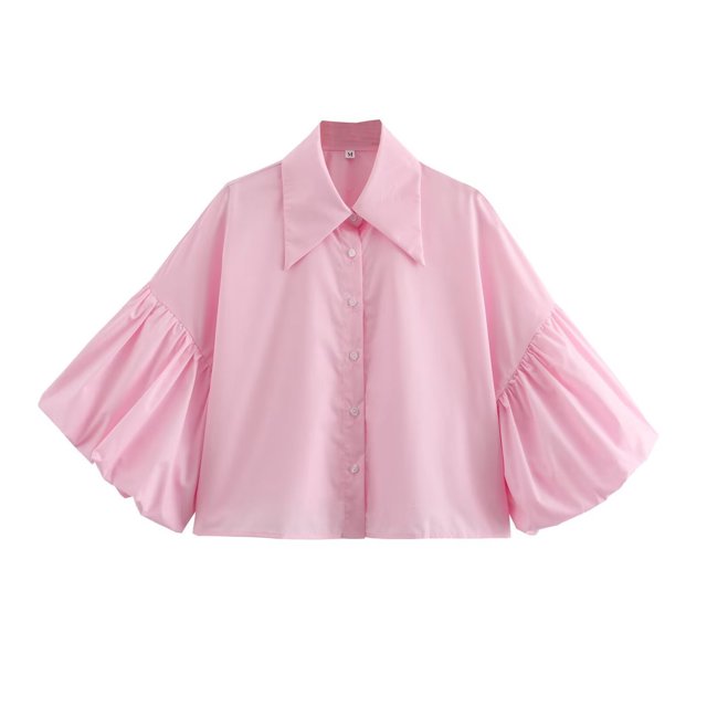 Womens Puff Sleeve Crop Top Fashion Button Down Collared Shirts Drop Shoulder Cute Cropped Blouses (L, Hot Pink)