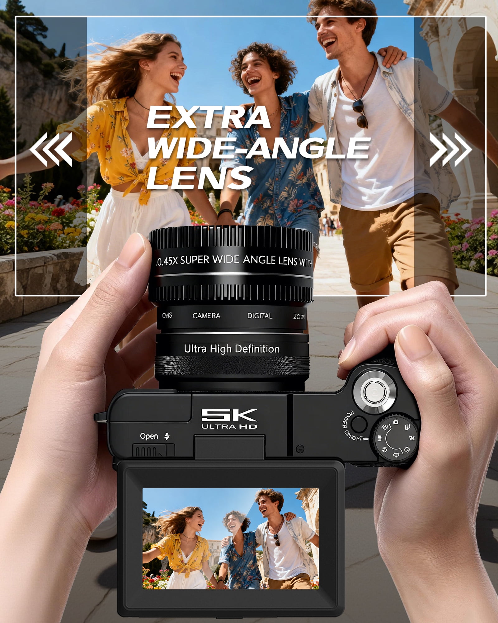 5K Vlogging Camera with WiFi 64MP 5K Digital Camera for Photography Vlog Camera with Flip Screen Video Camera for YouTube with wide-angle and macro lens,Batteries
