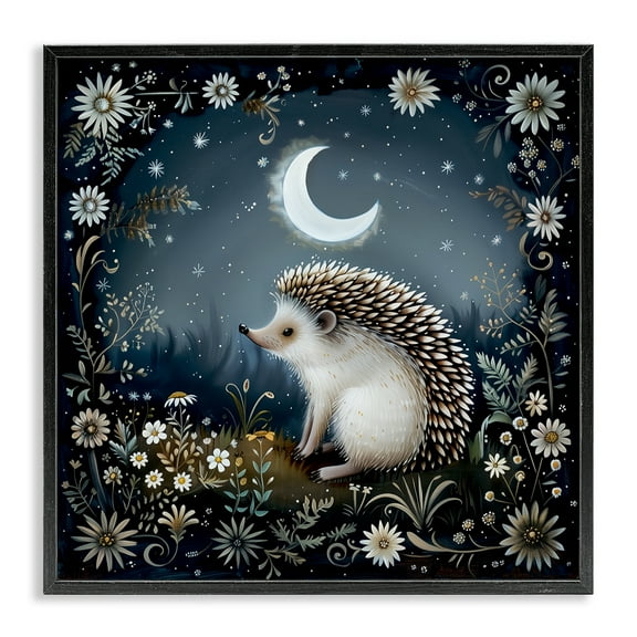 Stupell Industries Hedgehog Under Forest Moon Animals Painting Black Framed Art Print Wall Art, 12 x 12