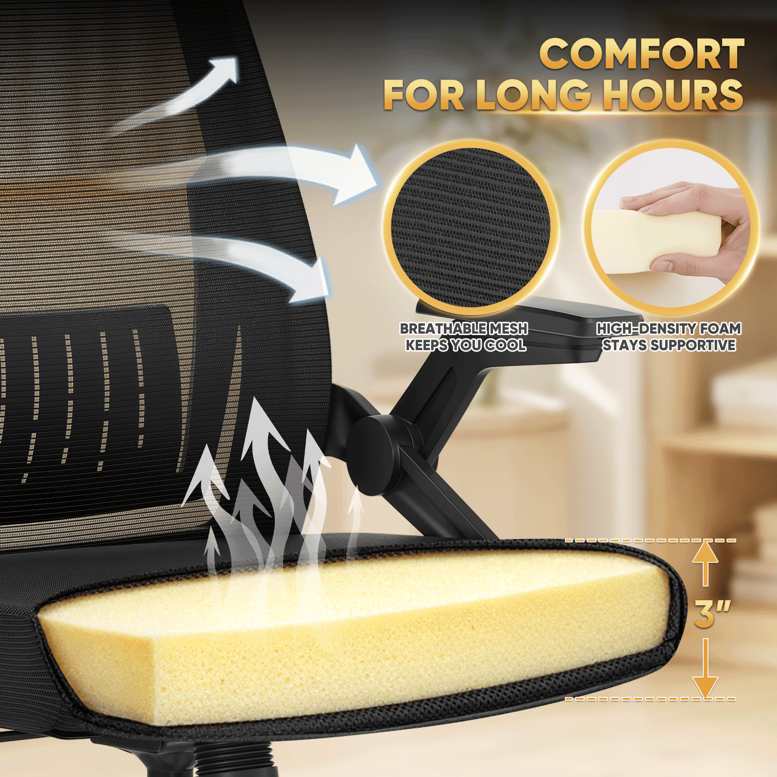 Magshion Ergonomic Mesh Office Chair with Flip-Up Armrests, Adjustable Height & Reclining High Back, Black