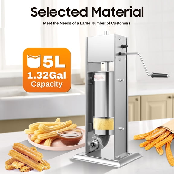 5L Manual Churro Maker, Stainless Steel, with 4 Nozzles for Different Churro Shapes, Ideal for Commercial Kitchens & Home Use