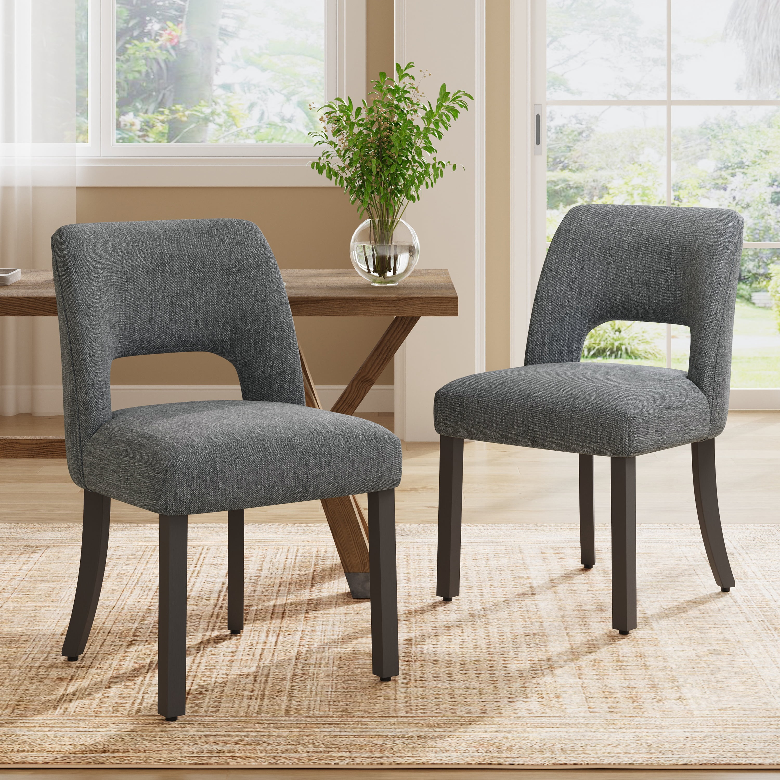 Vknow Furniture Wooden Dining Chairs Set of 6, Modern Fabric Upholstered Dining Room Chair Kitchen Chairs, Farmhouse Dinner Chair for Kitchen Dining Room, Gray