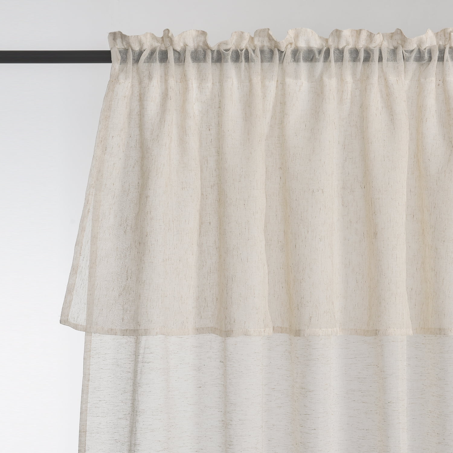 2 Panels Faux Linen Sheer Curtains with Attached Valance, Light Filtering Rod Pocket Solid Color Sheer Drapes for Bedroom, Patio Door, Beige