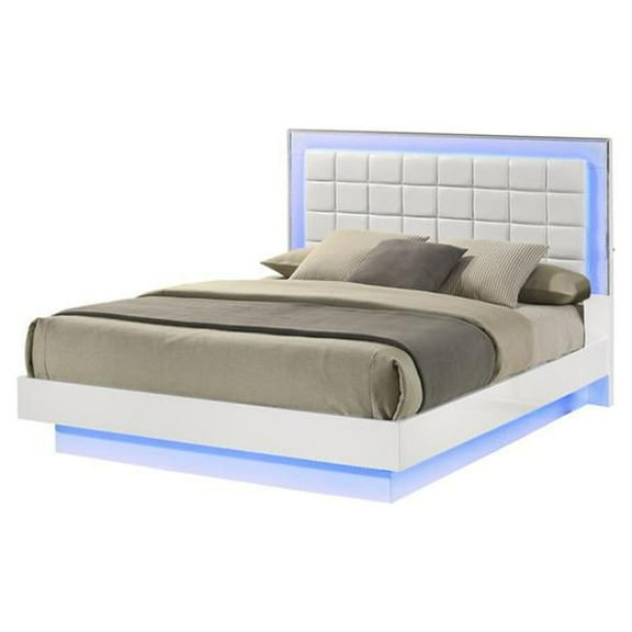 White Wood Lacquer Floating Platform Queen Size Bed with Blue LED Lighting