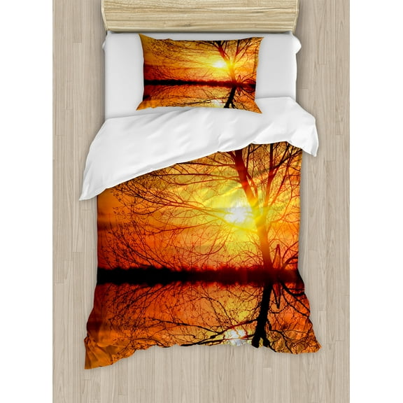 Autumn Duvet Cover Set, Leafless Tree in Fall on Sunset Backdrop Horizon with Water Reflection Panorama, Decorative 2 Piece Bedding Set with 1 Pillow Shams, Twin Size, Orange Black, by Ambesonne