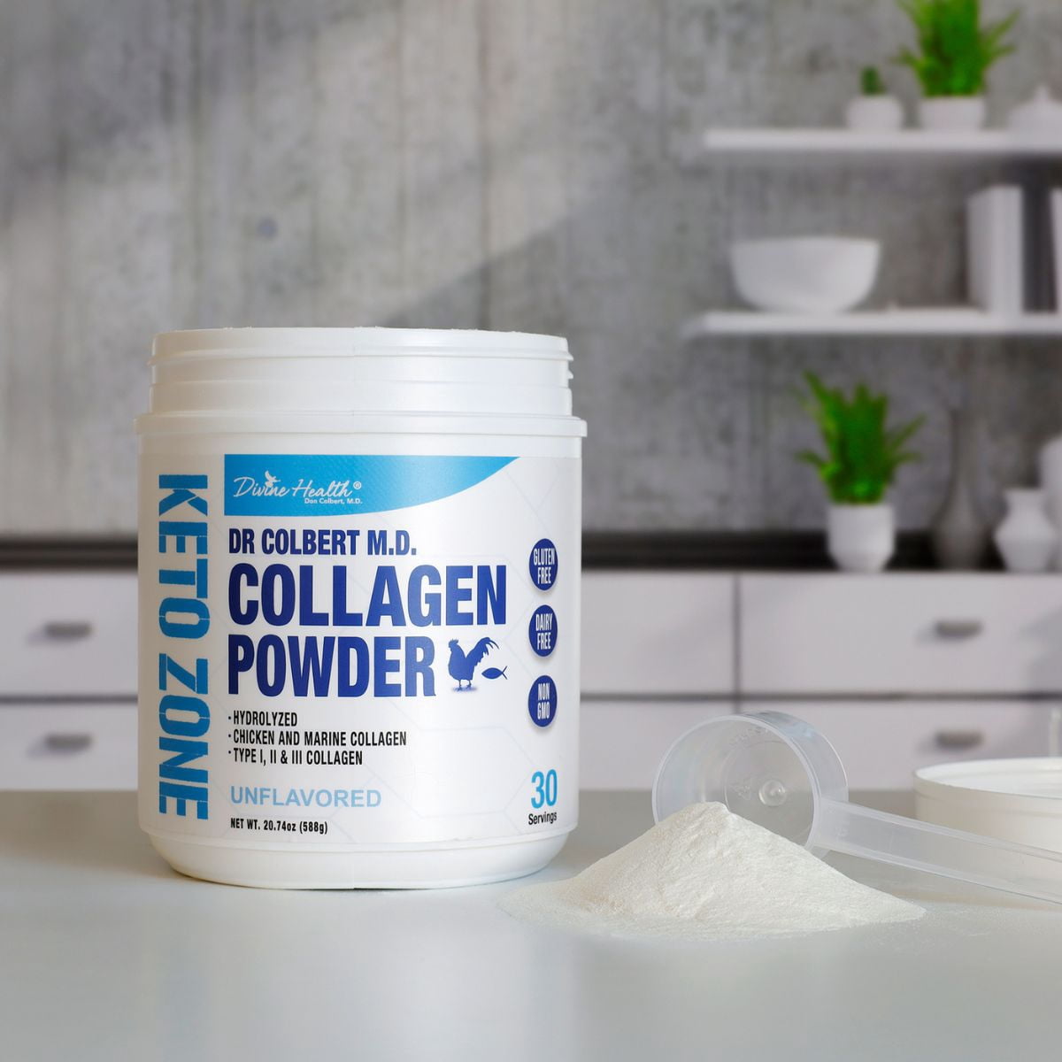 Dr. Colbert, MD Hydrolyzed Collagen Powder | Unflavored | by Divine Health | Type I, II, III Collagen | Support Healthy Hair, Skin, Nails and Joints | Keto Zone | 588g | 30 Servings