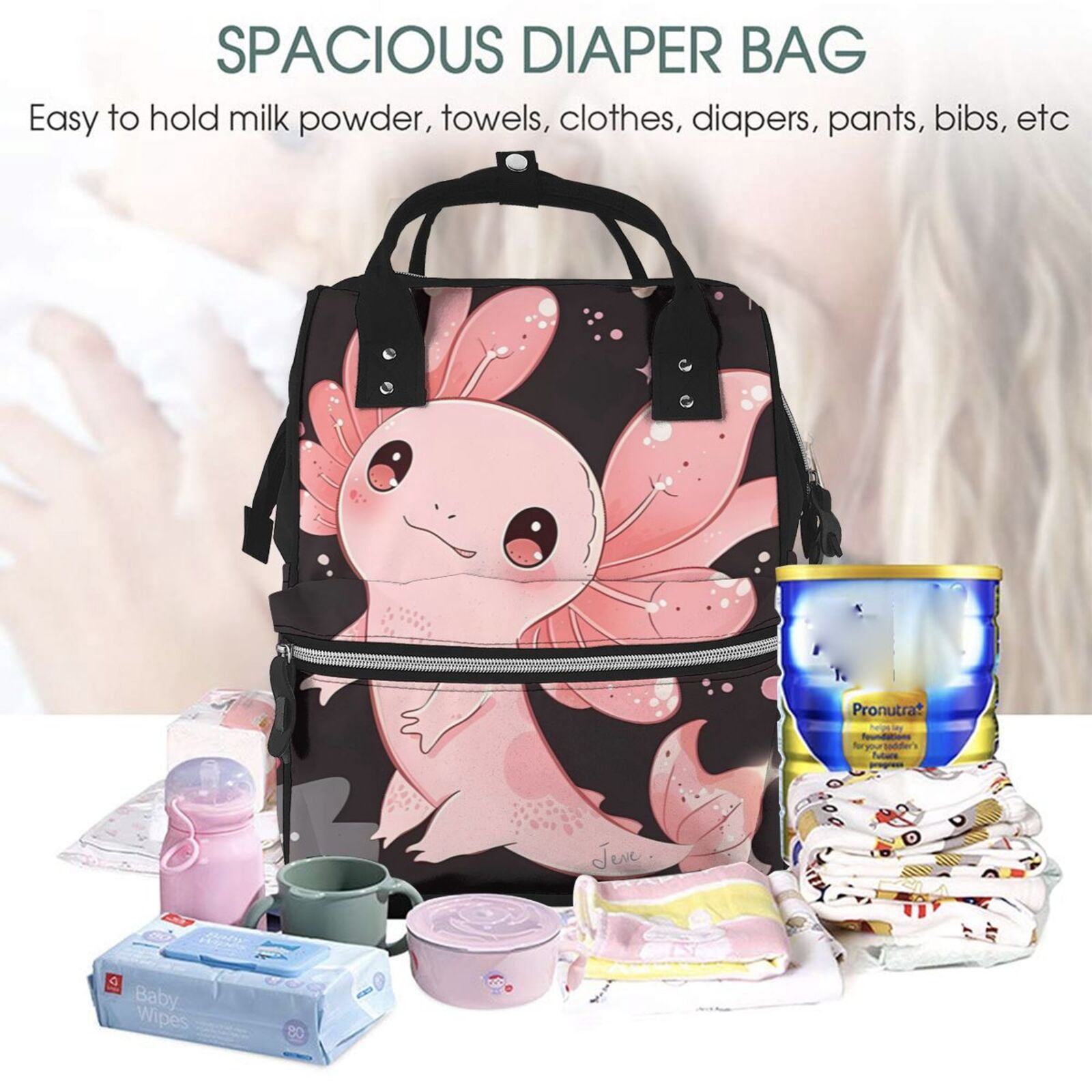 Ratiio Cute Axolotl Sakura Blossoms A Mummy Backpack - Waterproof Twill Canvas, Large Capacity Diaper Bag with Multiple Pockets and Adjustable Straps