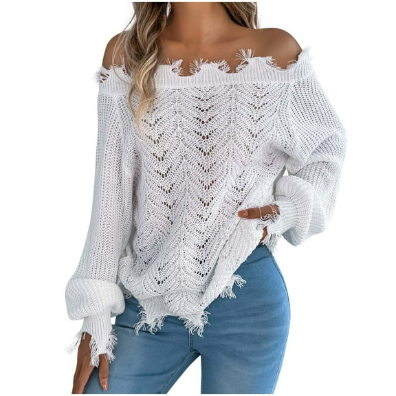 qucoqpe Womens Casual Off-Shoulder Sweaters Oversize Hollow Long Sleeve Distressed Knit Pullover Tops