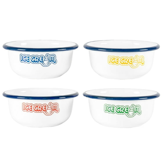 Red Co. Set of 4 Enamelware Metal 7 oz Mini Ice Cream Bowls, Assorted Prints