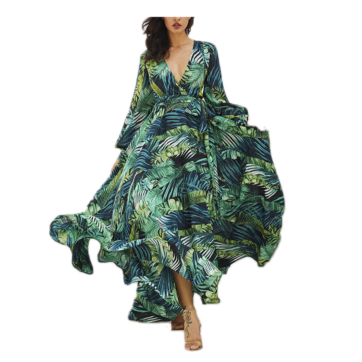 Tempura Women' s Boho Maxi Dress Tropical Floral Sundress Long Sleeve ...