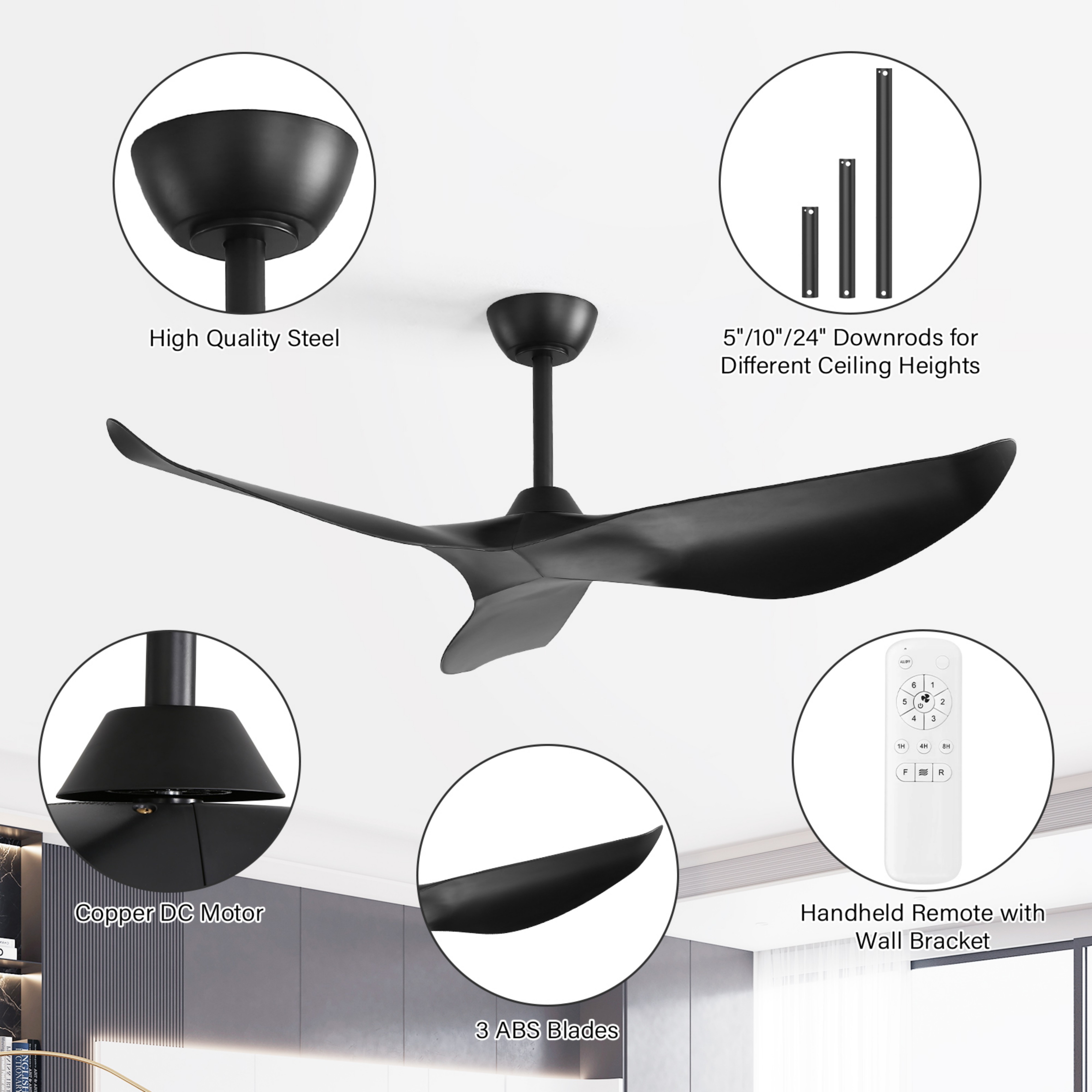 Sofucor 38 Inch Wood Ceiling Fan with Reverse Airflow Remote Control For Living Room Bedroom Dining Room(No Light)