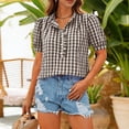 thumbnail image 2 of TEAJOPSUU Plaid Tops for Women V Neck Short Sleeve Button Down Placket Shirts Trendy Puff Sleeve Solid Color Blouses Brown, 2 of 8