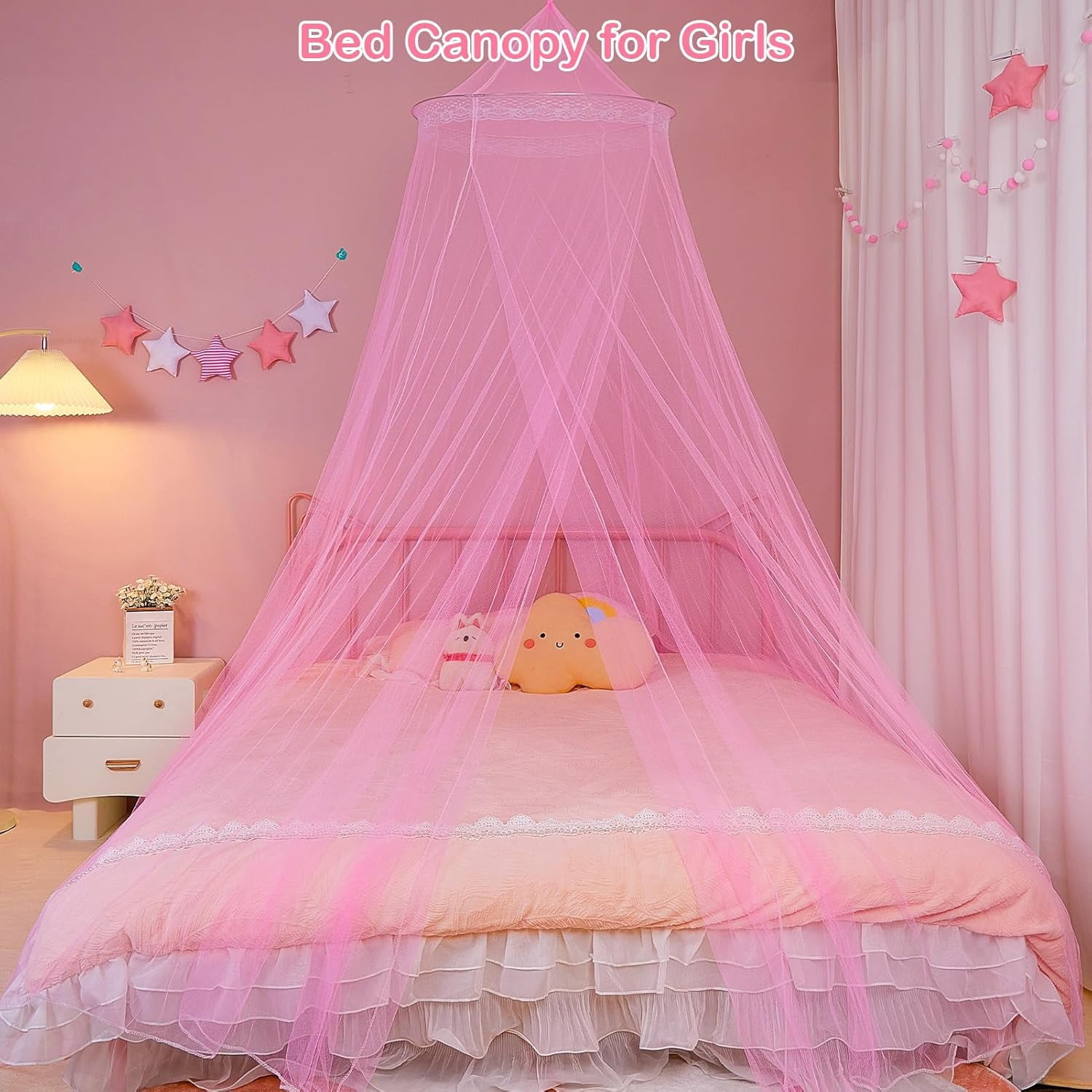 CAILDANL Bed Canopy for Girls Room Bed Canopy Curtains with Led Lights Mosquito Net DIY Princess Room Décor with Stars Butterflies for Kids Bedroom, Hot Pink