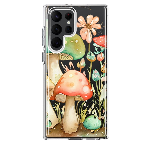 MUNDAZE Samsung Galaxy S22 Ultra Shockproof Clear Hybrid Protective Phone Case Fairy Tale Watercolor Mushrooms Pastel Flowers Cover