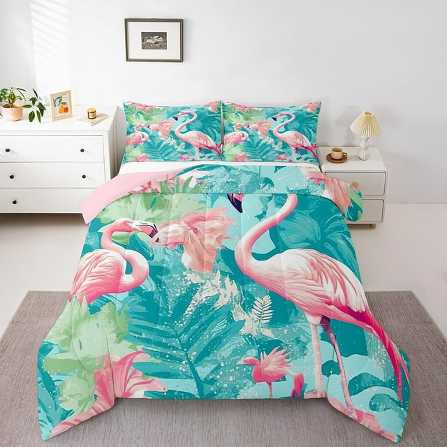 Erosebridal Ensembles de Couette Tropicale Flamant Rose Format Simple, Couettes et Duvets Feuilles de Palmier, Réversible 2 Pcs