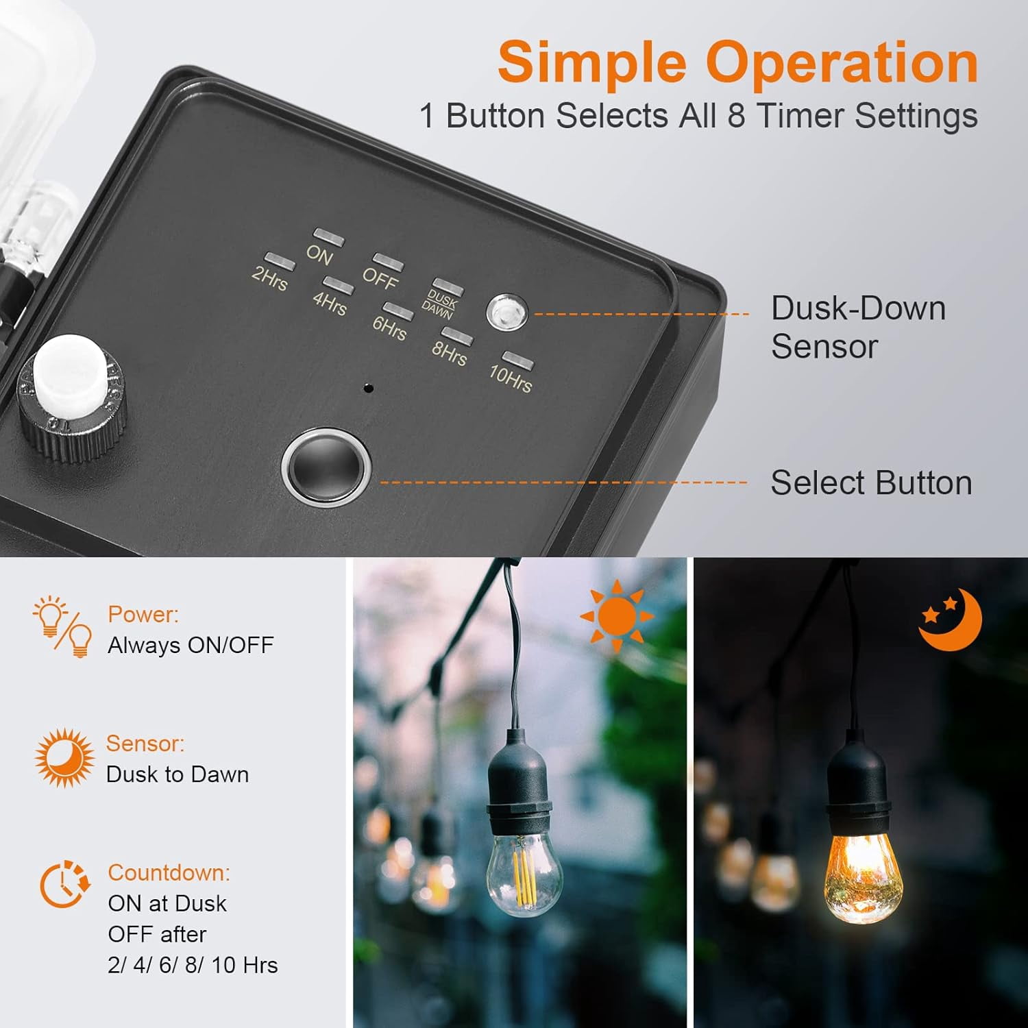 Outdoor Power Stake Light Timer, Dusk to Dawn, 6 Electrical Outlet Power Strip Weatherproof, 6FT Extension Cord Multiple Outlet for Patio Lights, Sprinkler, Garden, Christmas Decorations