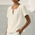 thumbnail image 5 of Women's V Neck Short Sleeve Linen Top Tops Shirts Blouses Button Down Ruffle Trim Solid Color Casual Daily Wear Vacation Beach Outfits Fashion Essential Gift for Women | Aestivo,White M, 5 of 7