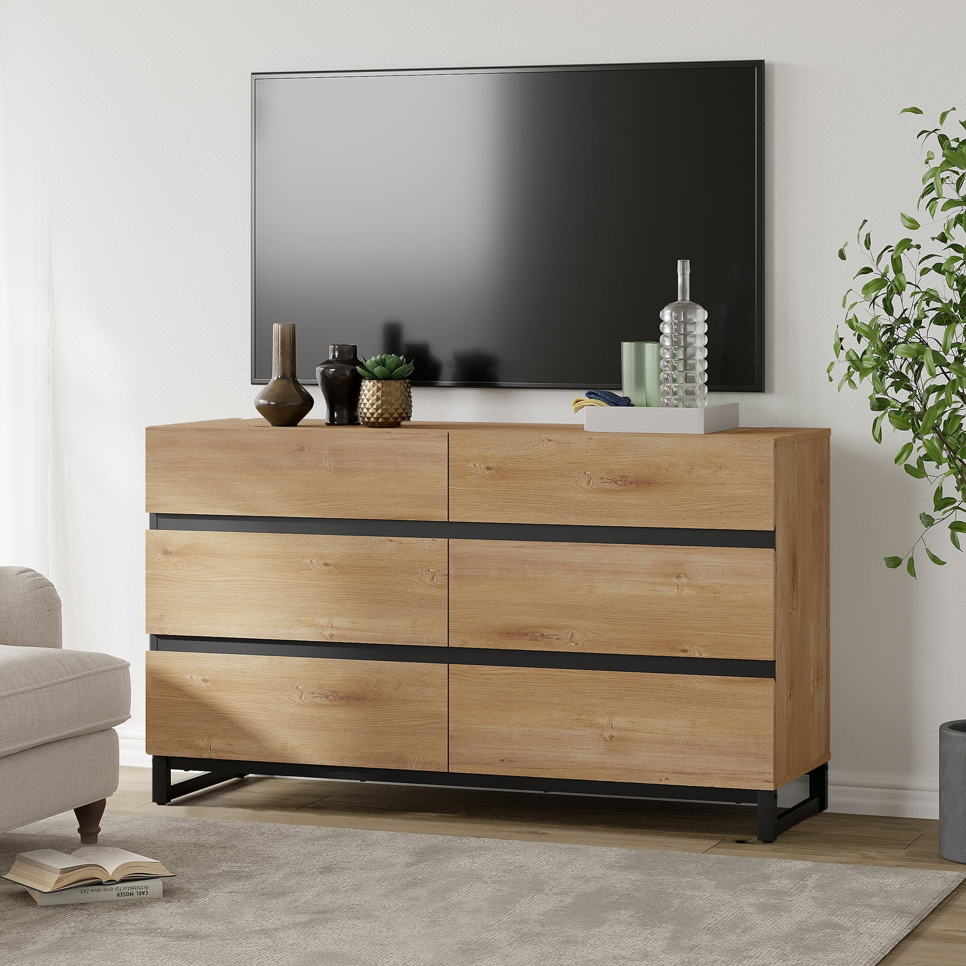 Modern TV Stand with 6 Drawers and Sturdy Metal Base, Entertainment Center Media Console for Living Room and Bedroom, Fits TVs up to 50 Inch, Oak