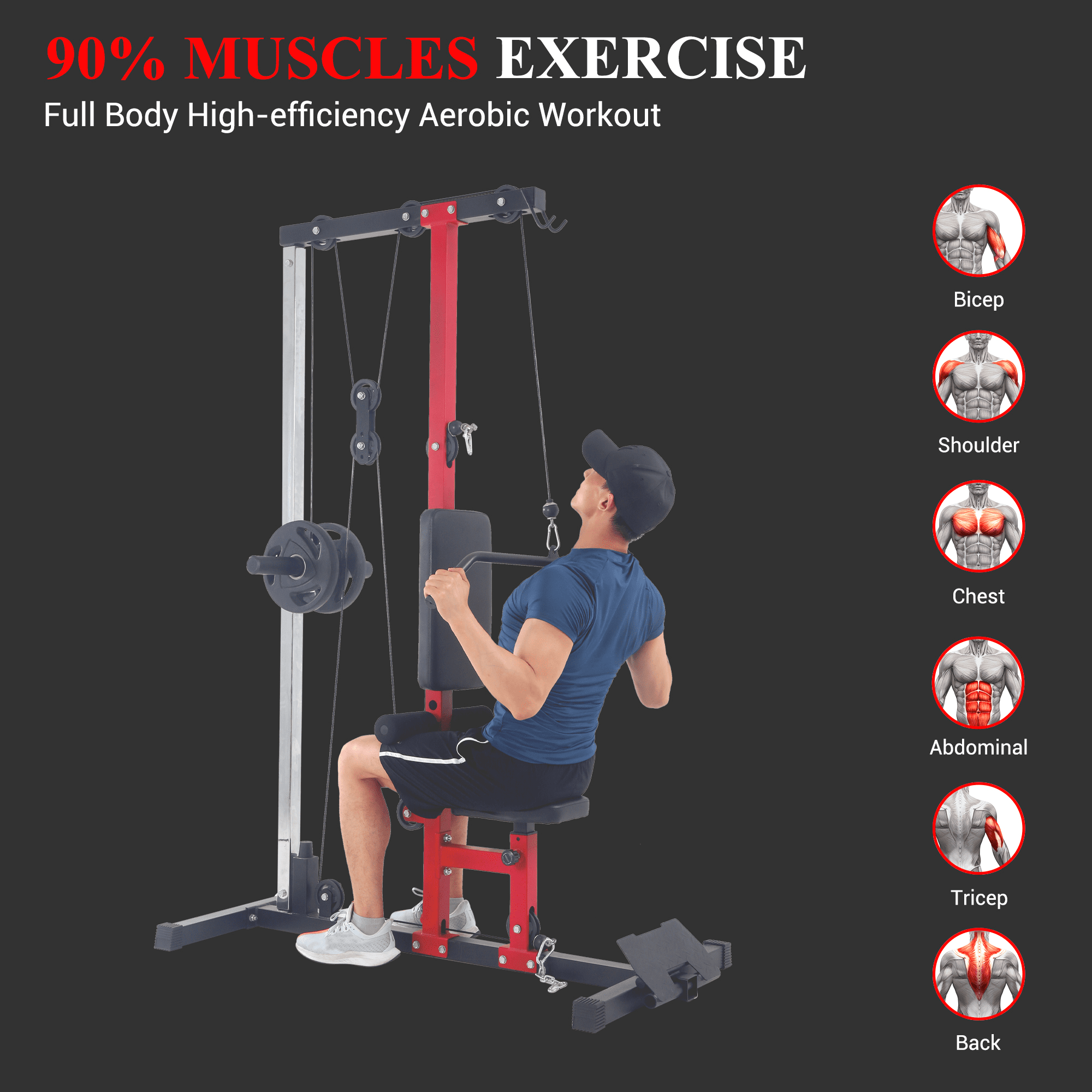 LAT Power Cable Machine, LAT Pull Down Machine with High and Low Pulley Station and Adjustable Leg Support, Back Exercise Equipment for Home Gym Body Strength Training