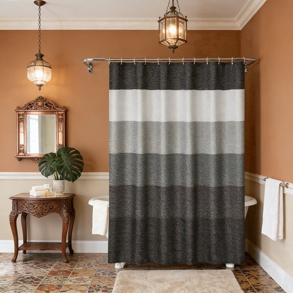 Waffle Weave Ombre Stripe Fabric Shower Curtain with 12 hooks, Black,72" W x 72" H