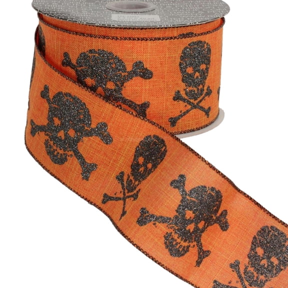 The Ribbon People Orange and Black Skulls Wired Craft Ribbon 2.5" x 20 Yards