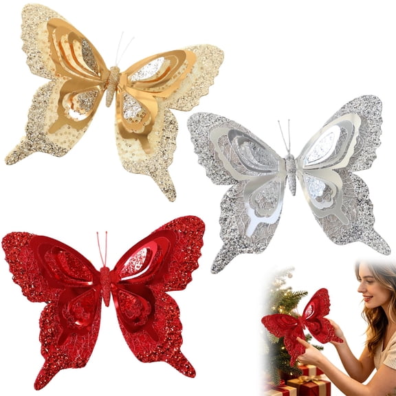 HonestMatter Glitter Butterfly Ornament, Christmas Tree Hanging Decor with Sparkly Finish, Holiday Butterfly Decoration for Wreath and Garland