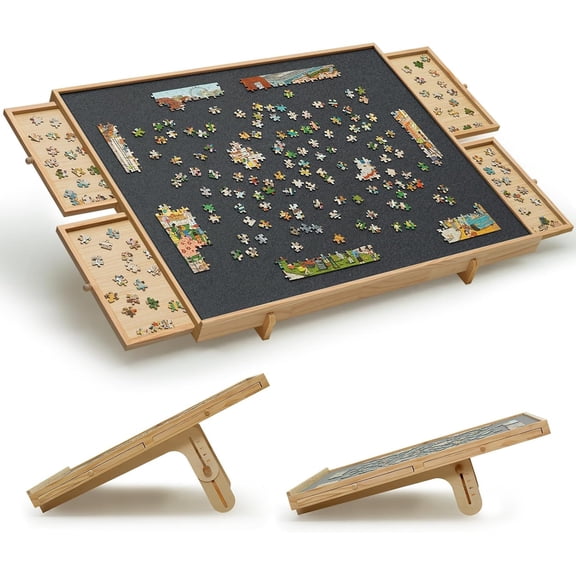 1500 Pieces Felt Puzzle Board with 4 Drawers, Cover, 2 in 1 Puzzle Table with Adjustable Tilting Stand, Portable Jigsaw Wood Table with Felt Top 34" W x 26" D