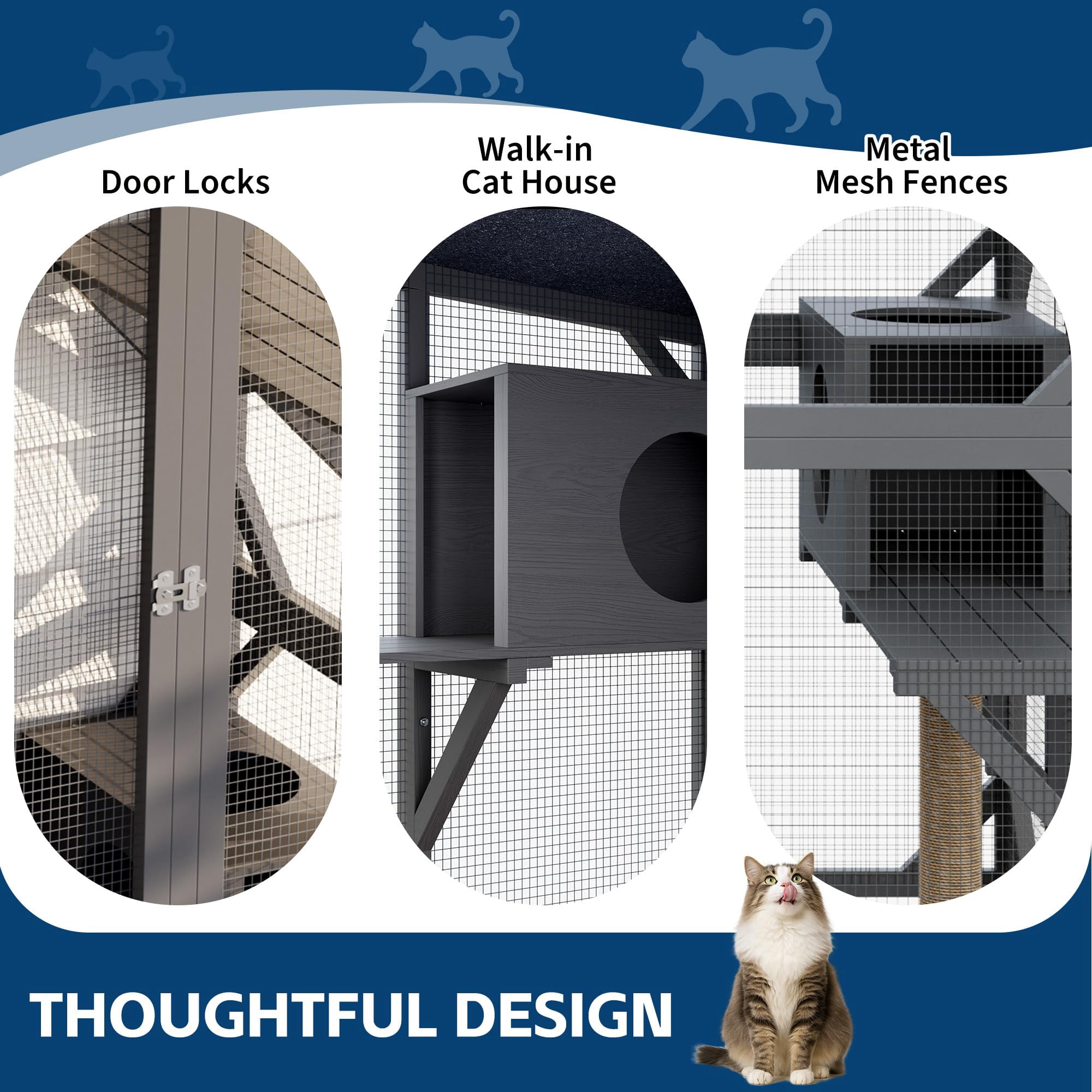 Accreate 70 Inch Large Wood Catio Outdoor Cat Enclosure with Waterproof Roof, Walk-in Cat House with Asphalt Roof, Scratch Post & Bridge for Cats, Patio Enclosure in Dark Grey