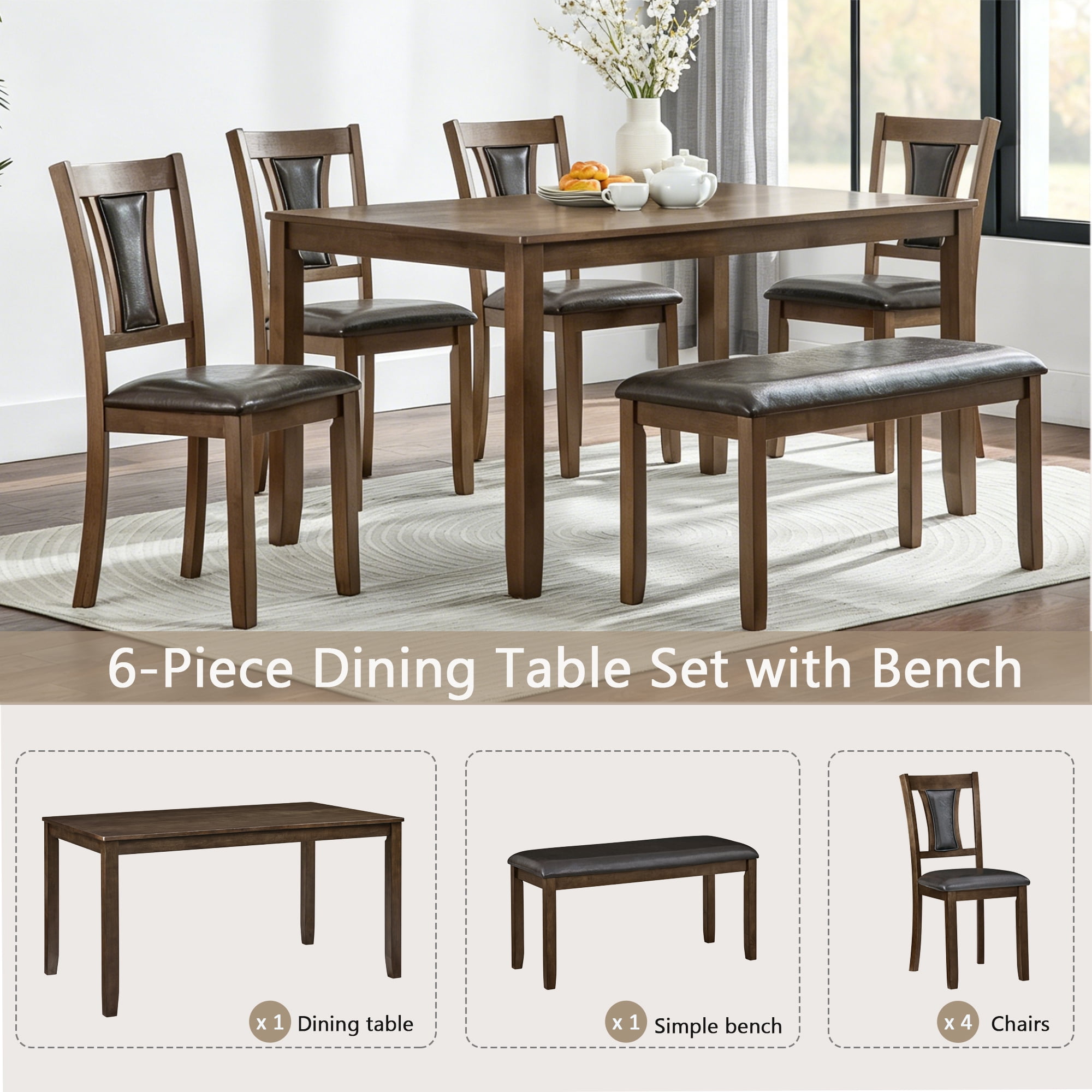 BSHTI 58.5" Walnut Wood Modern 6-Piece Dining Table Set with Fabric Upholstered Chairs, Bench, Comfortable Seating for Dining Room(Walnut)