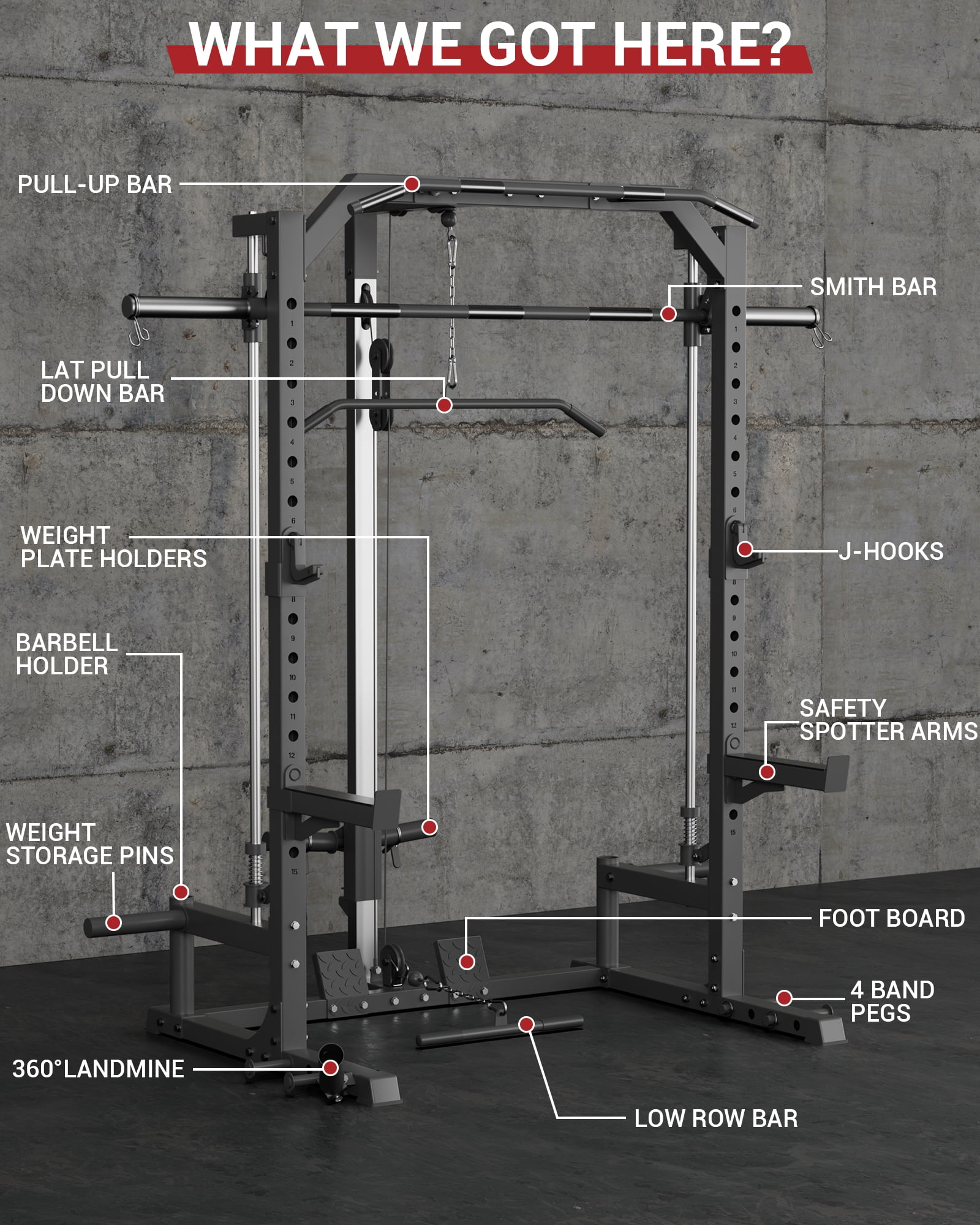 GARVEE Smith Machine with Barbell Bar,Cable System,Lat Pulldown Attachments,J Hooks, Landmine,Safety Spotter Arms,Multi-Functional Squat Rack for Home Gym