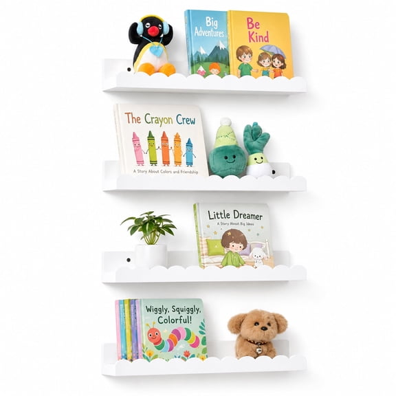 Book Shelves, 4-Pack White Floating Shelves for Wall, Scalloped Shelves, Wall Book Shelves for Bedroom