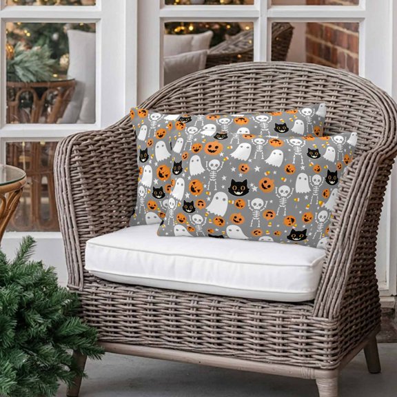 Outdoor Pillow Covers Pack of 2, Happy Halloween Pumpkin Ghost Black Cat Waterproof Throw Pillowcase Cushion Cases, Cartoon Style Decorative Pillow Cover for Couch Sofa Home Bed Patio 20x12in