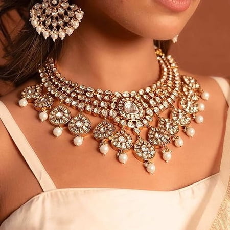 VINNI'S Chandelior Styled Maharani Designed Women's Wedding Leaf Flower Crystal Teardrop Marquise Cluster Pendant Necklace