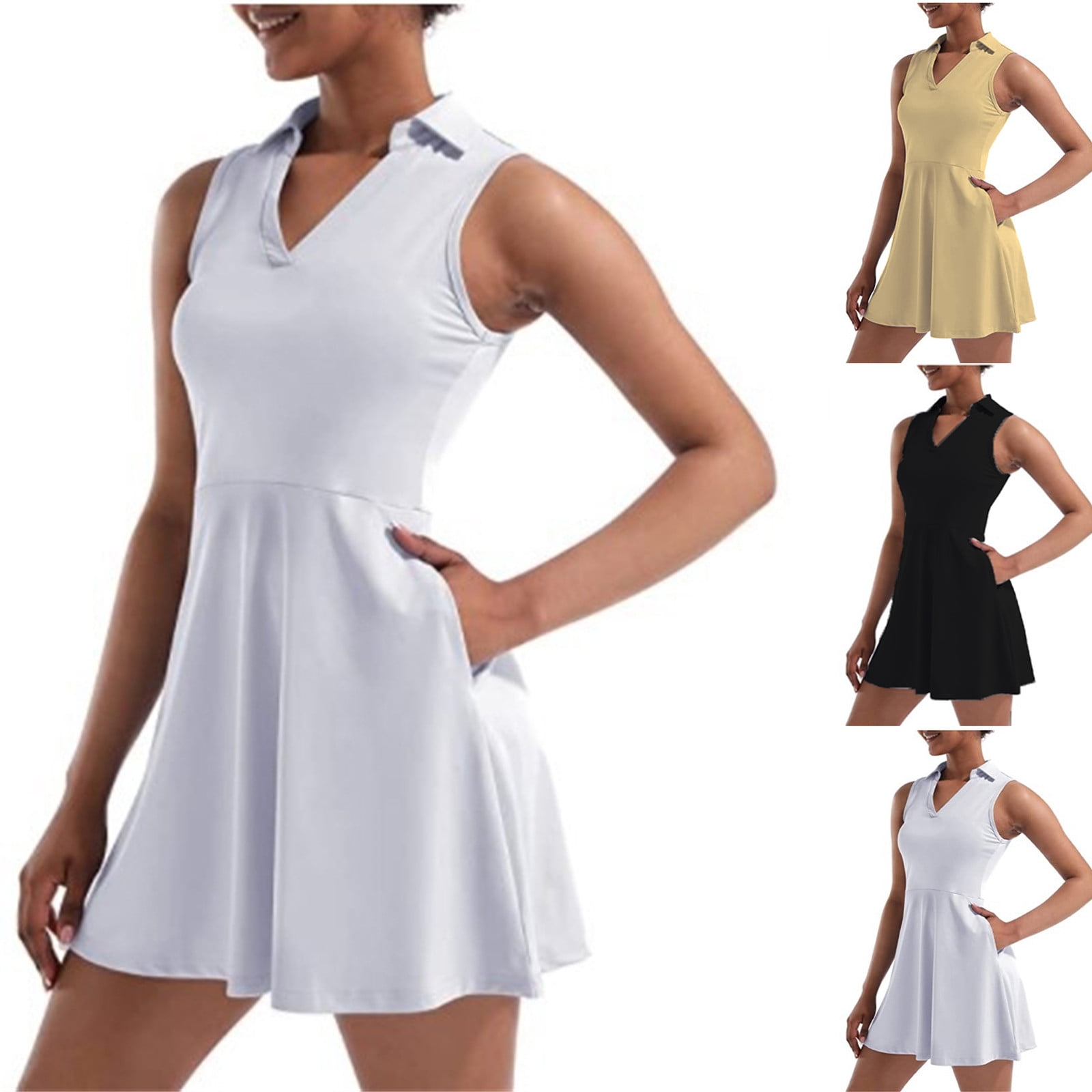 Women's Sleeveless Collared Tennis Dress with Pockets Athletic Fit and Flare Golf Workout Casual Dress
