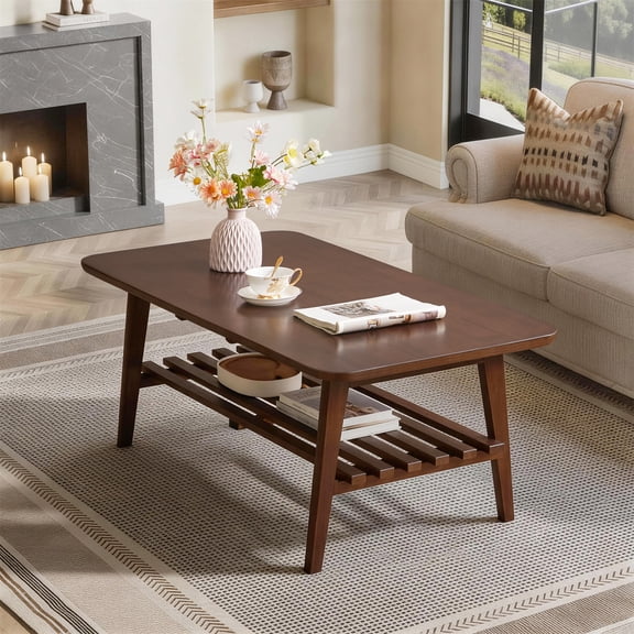 Wooden Coffee Table with Storage Shelf, Rectangular Center Table for Living Room, Walnut Brown