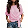 thumbnail image 2 of Yrmaups Loose Fit Short Sleeve T Shirt for Women, Casual Knot Front Plaid Blouse, Soft Stretch Tee for Party Office Travel Daily Wear, Pink XL, 2 of 5