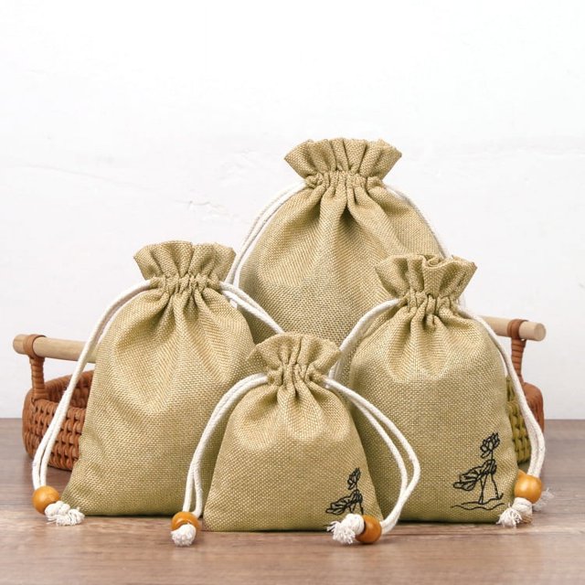 Bolsa de lino y algodón, bolsa pequeña para tazas, bolsa para guardar joyas, bolsa con cordón, bolsa de brocado hecha a mano, bolsa para jugar, bolsa con cuentas y plato