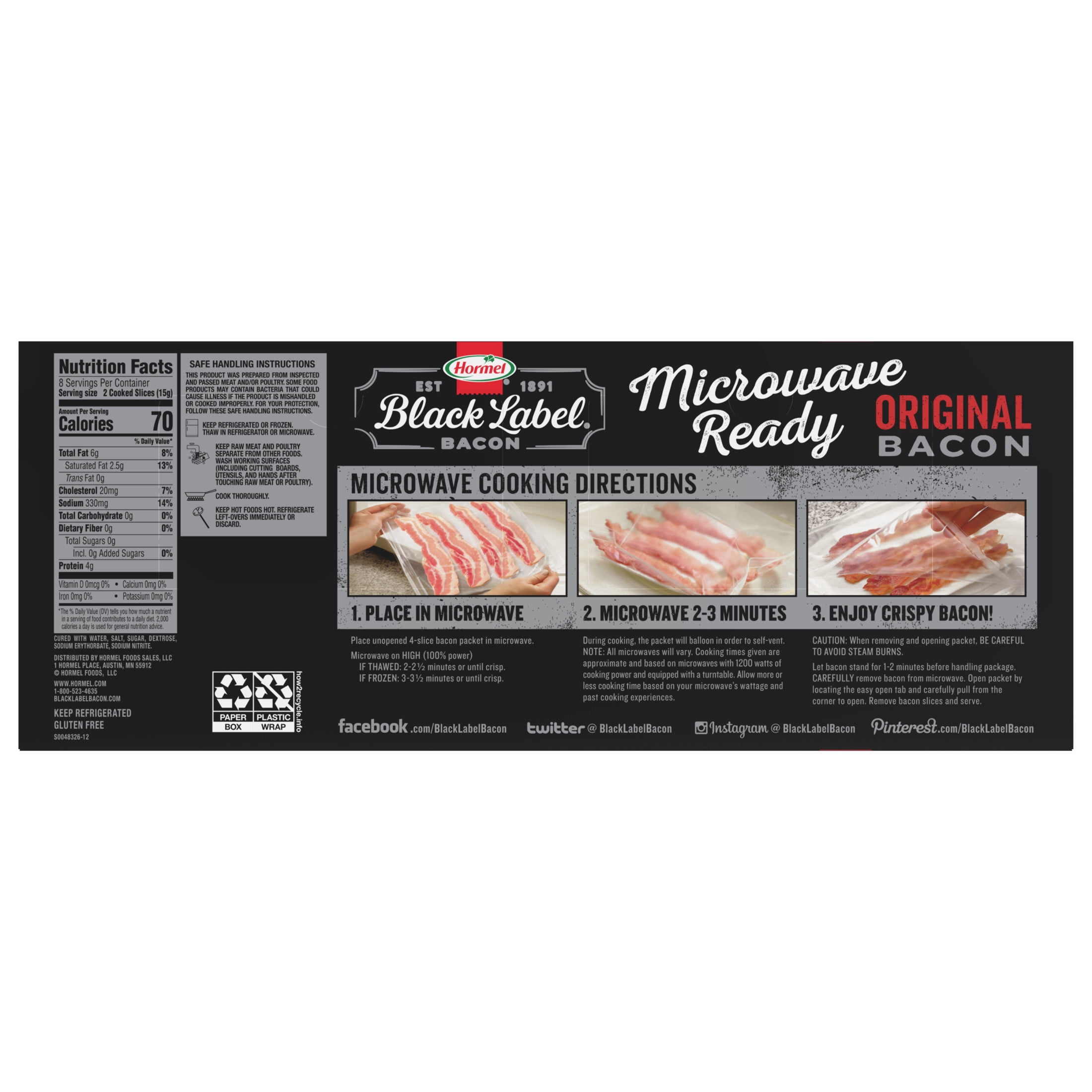 HORMEL BLACK LABEL Microwave Bacon, Gluten Free, Refrigerated, 12 oz Cardboard Box (4 Pouches)