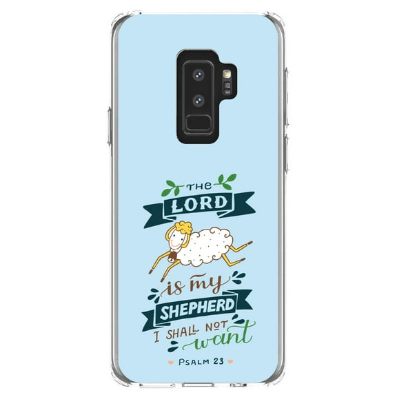 DistinctInk Clear Shockproof Hybrid Case for Samsung Galaxy S9  PLUS (6.2" Screen) - TPU Bumper, Acrylic Back, Tempered Glass Screen Protector - The Lord is My Shepherd I Shall Not Want