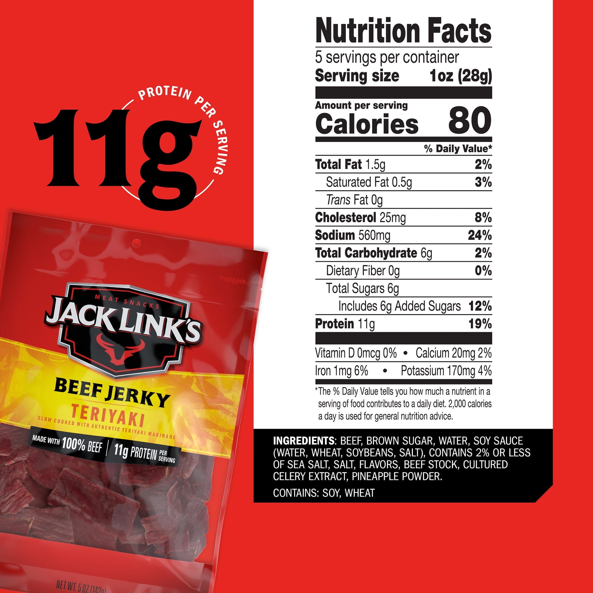 Jack Link’s Beef Jerky, Teriyaki, Made with 100% Beef, 11g of Protein per Serving, 5 Ounce
