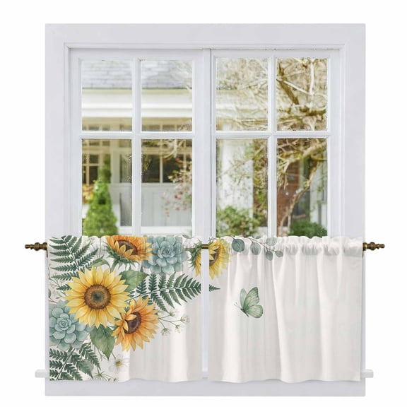 Spring Sunflower Tier Curtains 36 Inch Length, Garden Botanical Leaves Butterflies Cafe Short Curtains for Bathroom Over Sink, Small Kitchen Curtain Light Filtering Tiered Drapes 2 Panels 27.5"Wx36"L