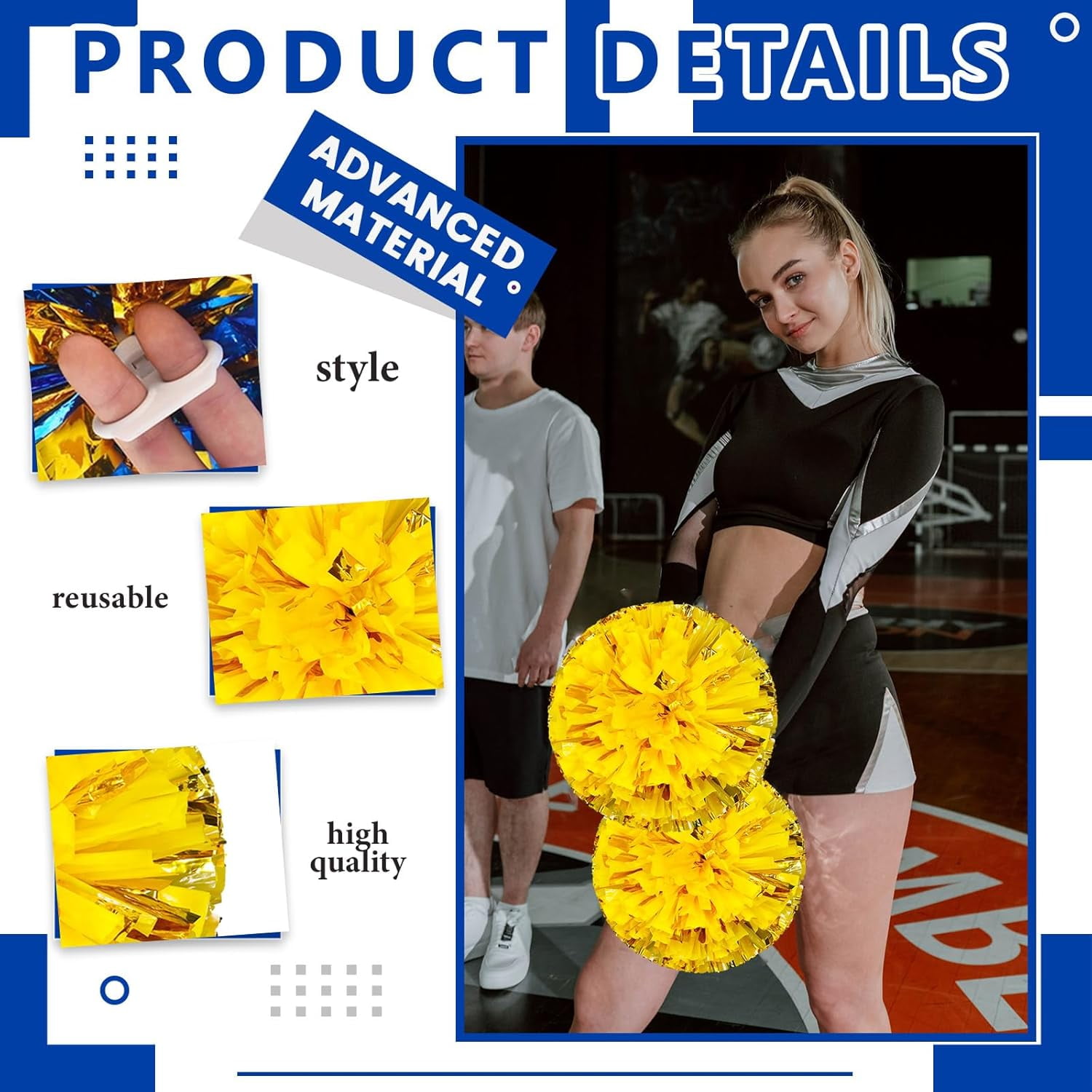 8 PCS Metallic Cheerleading Pom Pom for Team Spirit Sports Dance Cheering Kids Adults-Ring Style